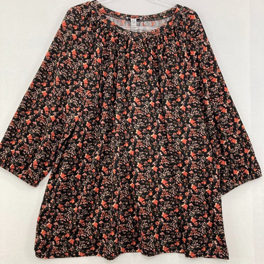 D&co. size 2X Black Orange Ditsy Floral 3/4 Sleeve Stretch Knit Blouse Feminine